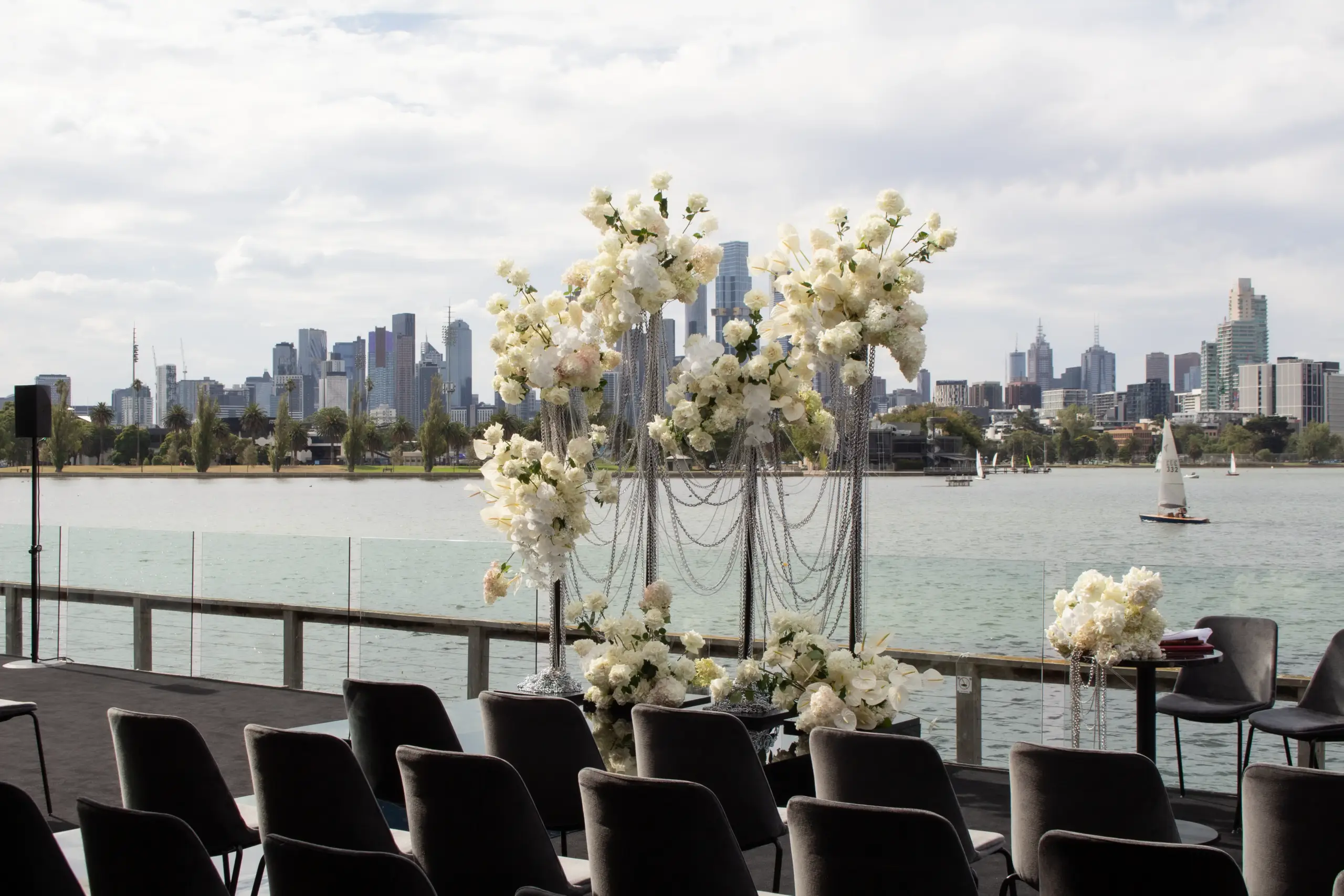 Carousel Albert Park waterfront wedding reception venue overlooking the lake and Melbourne city skyline