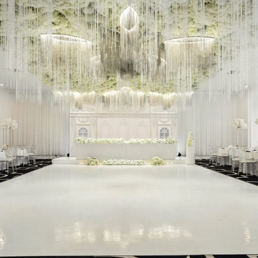 Fleur Weddings and Events signature ballroom with floral ceiling and chandelier styling in Fawkner